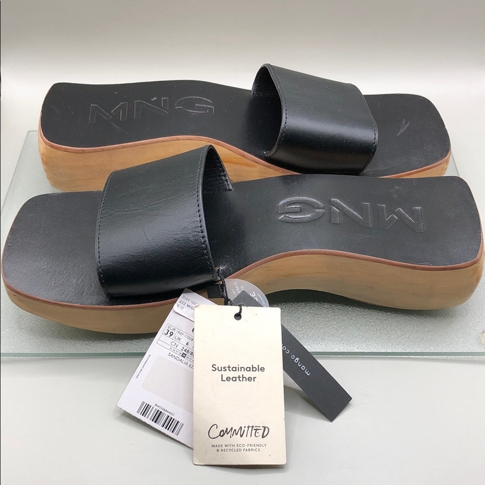 Mango wooden slide in platform asymmetric leather sandals black casual 8.5 READ